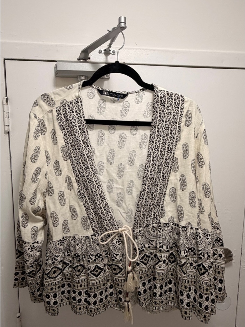 Zara Black and Cream Printed Boho Tie-Front Blouse